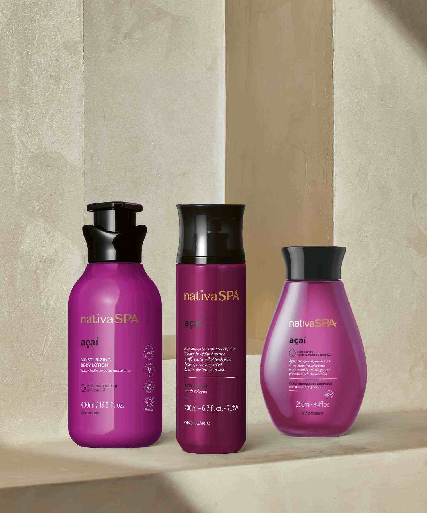 Nativa SPA Açaí es una de las líneas más amadas, entregando propiedades nutritivas y antioxidantes del açaí que dejan la piel revitalizada y radiante, con un intenso aroma floral frutal que enciende de vida tus días. 